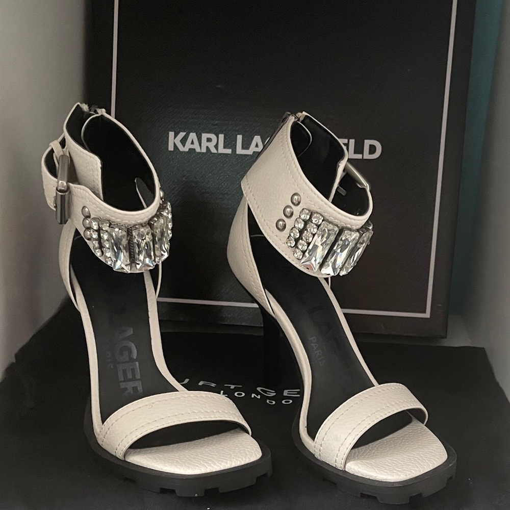 New Karl Lagerfeld White Crystal Ankle-Strap High Heel Sandals